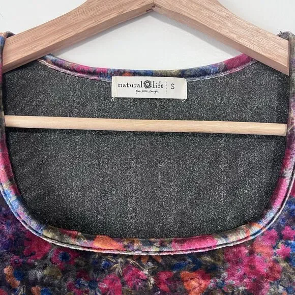 Natural Life Velvet Top Womens S Multicolor Floral Boho Whimsigoth Square Neck - Picture 4 of 6